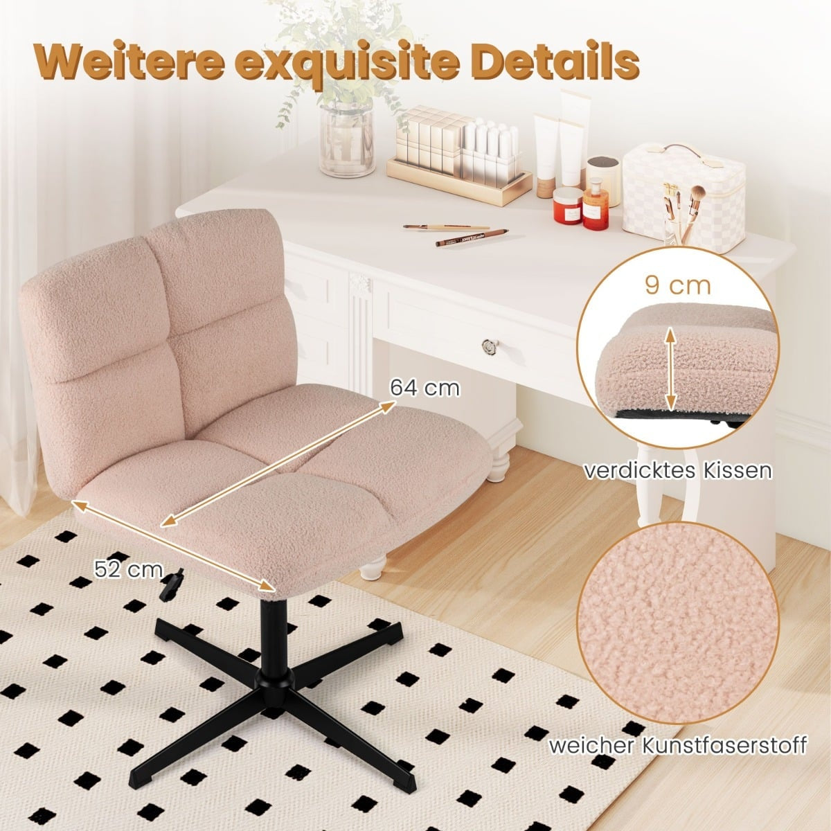 A pink teddy chair with black wheels sits on a rug in front of a vanity table.