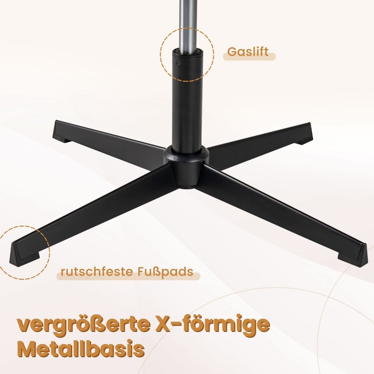Enlarged X-shaped metal base with gas lift and non-slip foot pads.