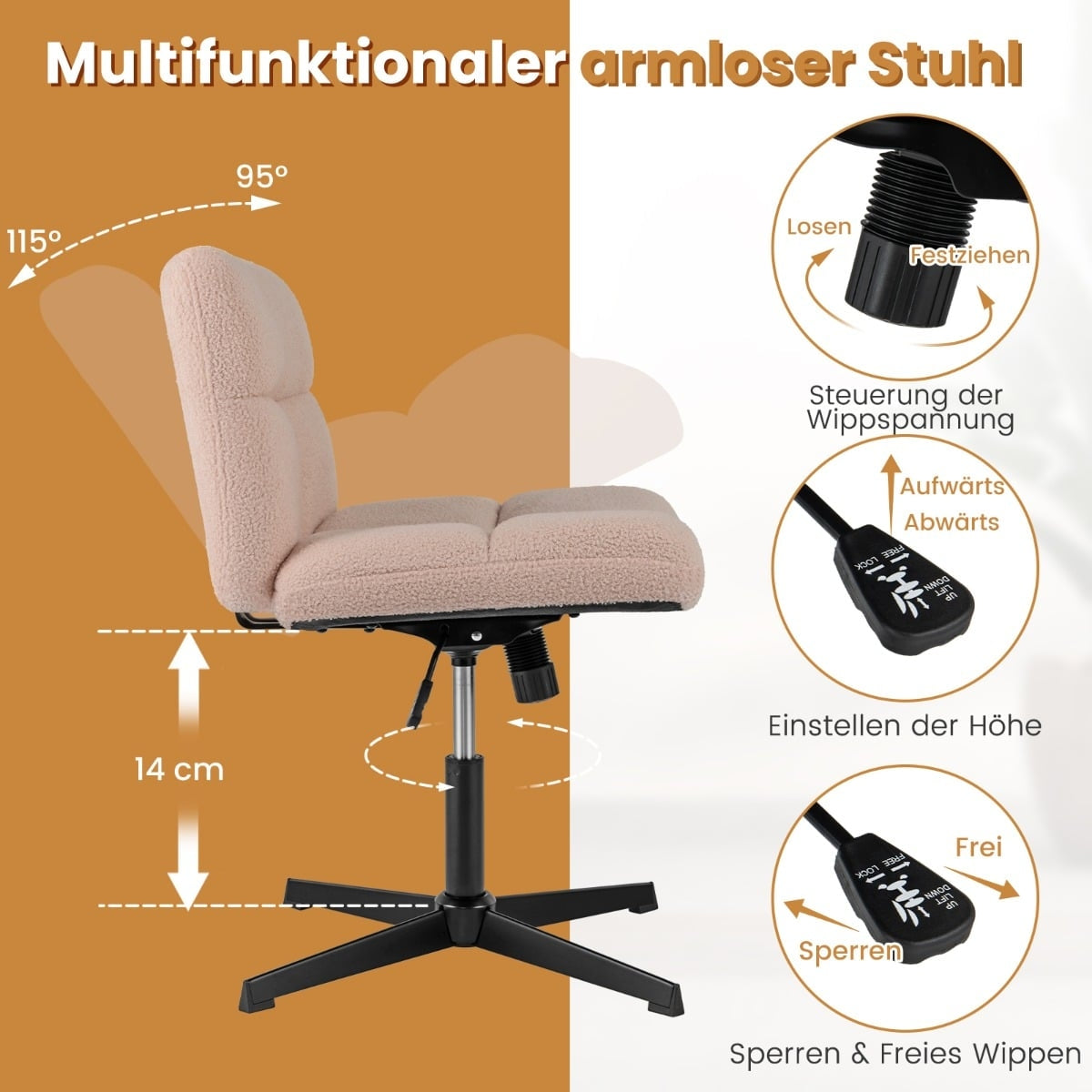 A beige, armless office chair with fabric upholstery, adjustable height, tilt, and tension.