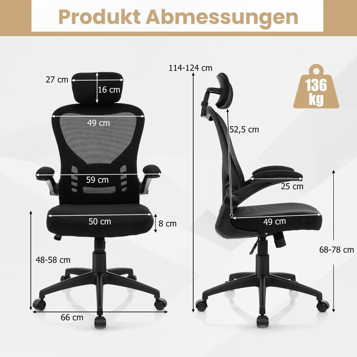 Dimensions of a black office chair with headrest, armrests, and wheels.