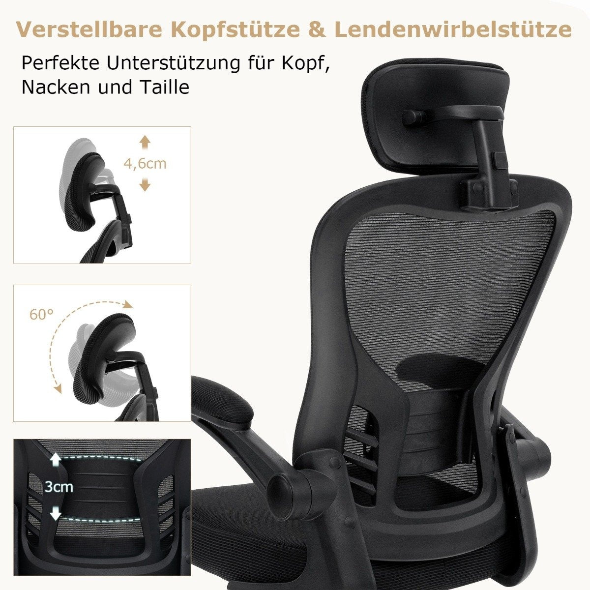 Black office chair with adjustable headrest and lumbar support.