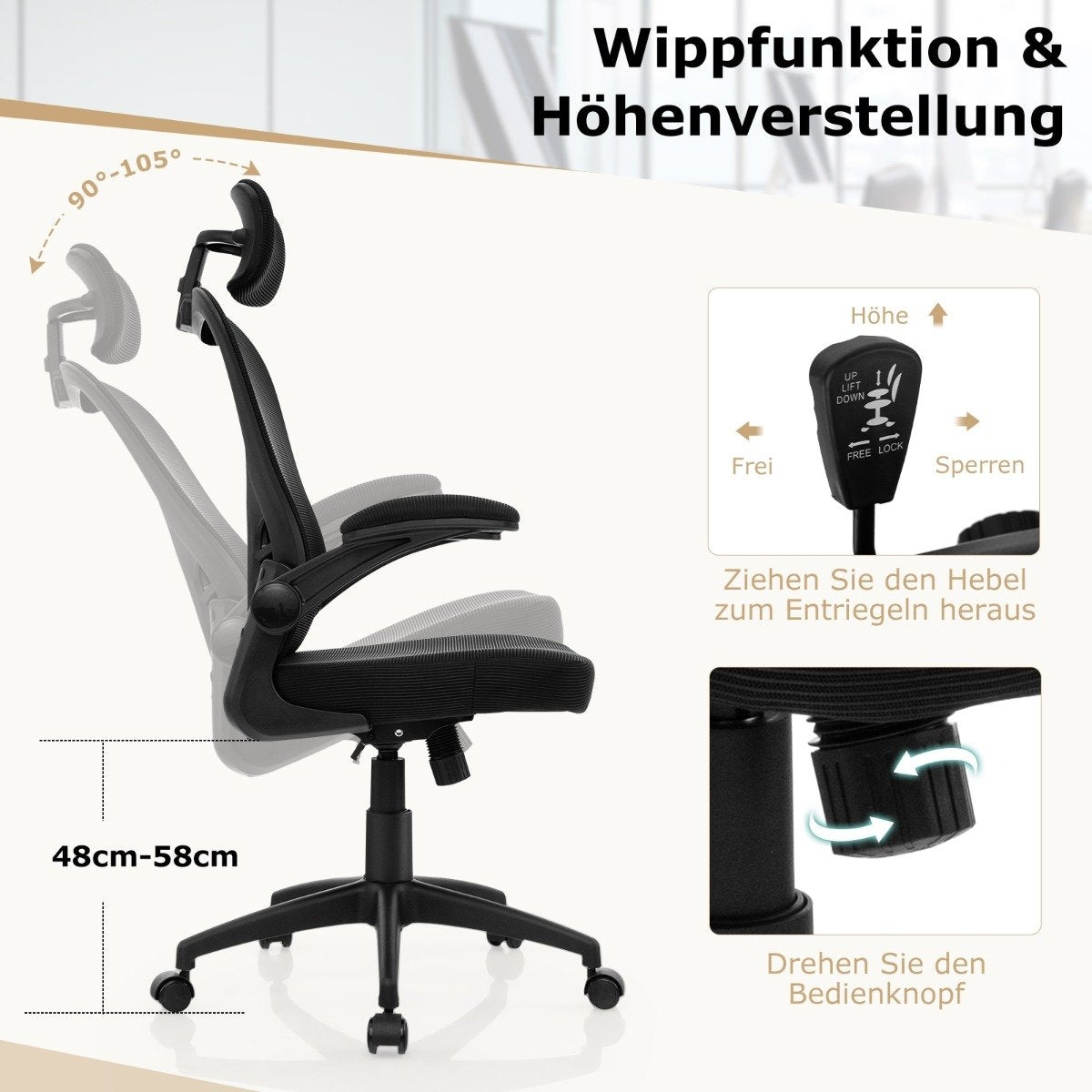 Black office chair with height adjustment (48-58cm) and tilt function.