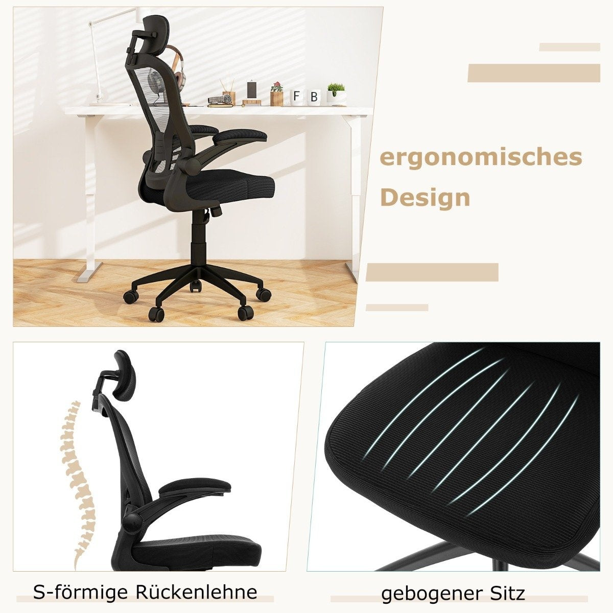 Ergonomic office chair with mesh back and headrest on a desk.