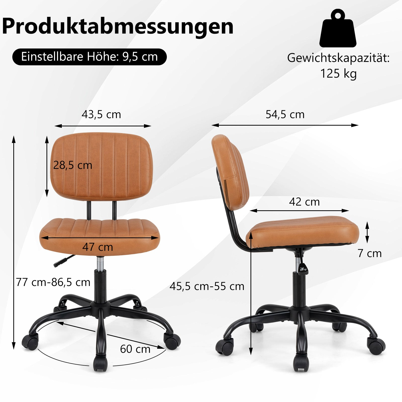 Brown office chair with dimensions and a weight capacity of 125 kg.