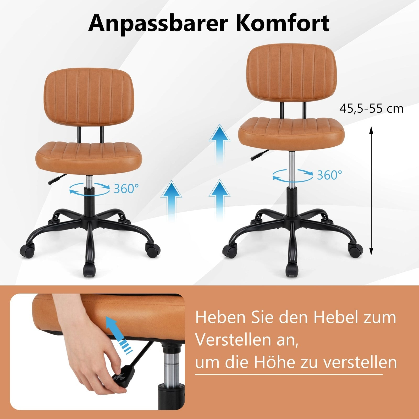 Brown office chair with 360-degree swivel and height adjustment.