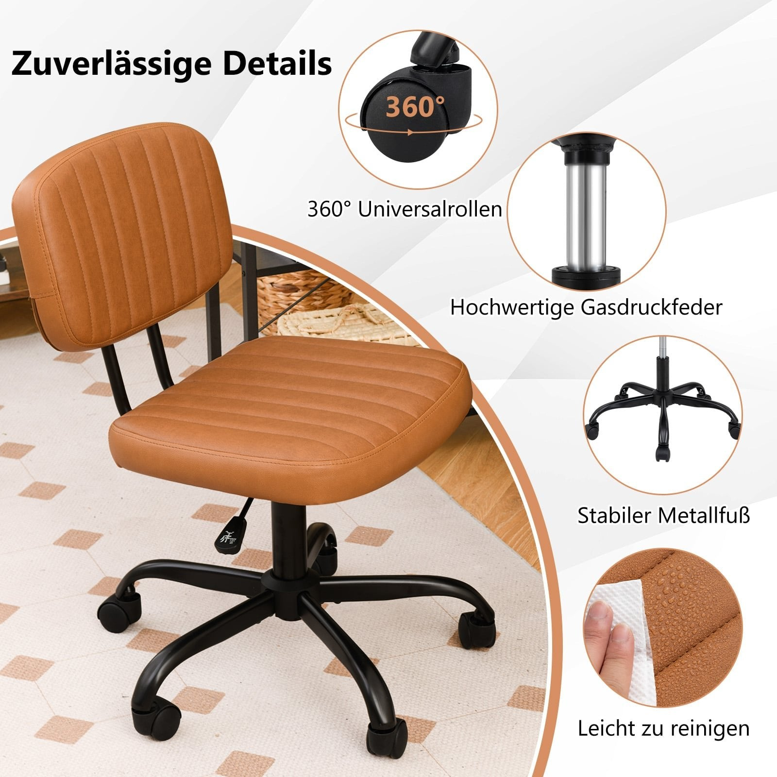 A brown office chair with wheels and a metal base.