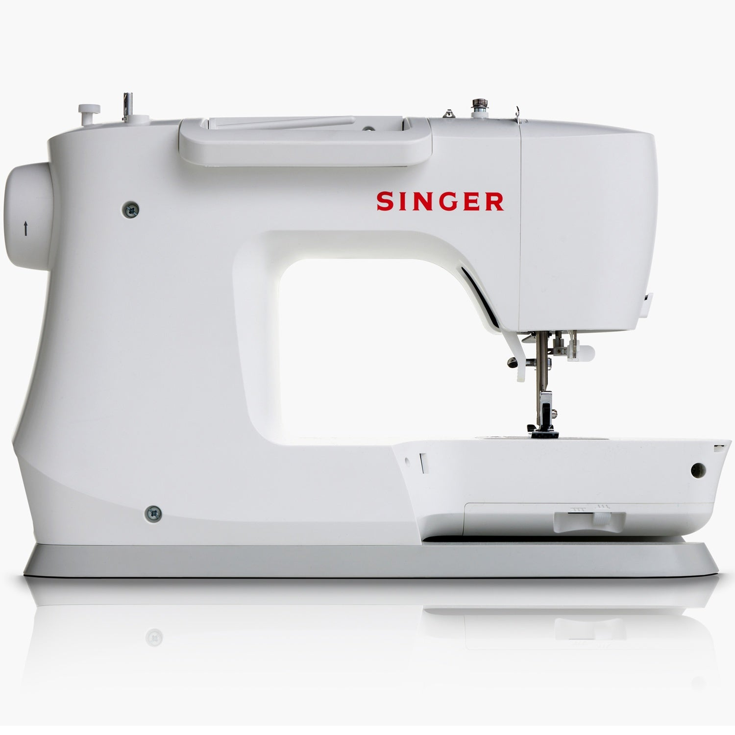 A white Singer sewing machine with a red logo sits on a white surface.