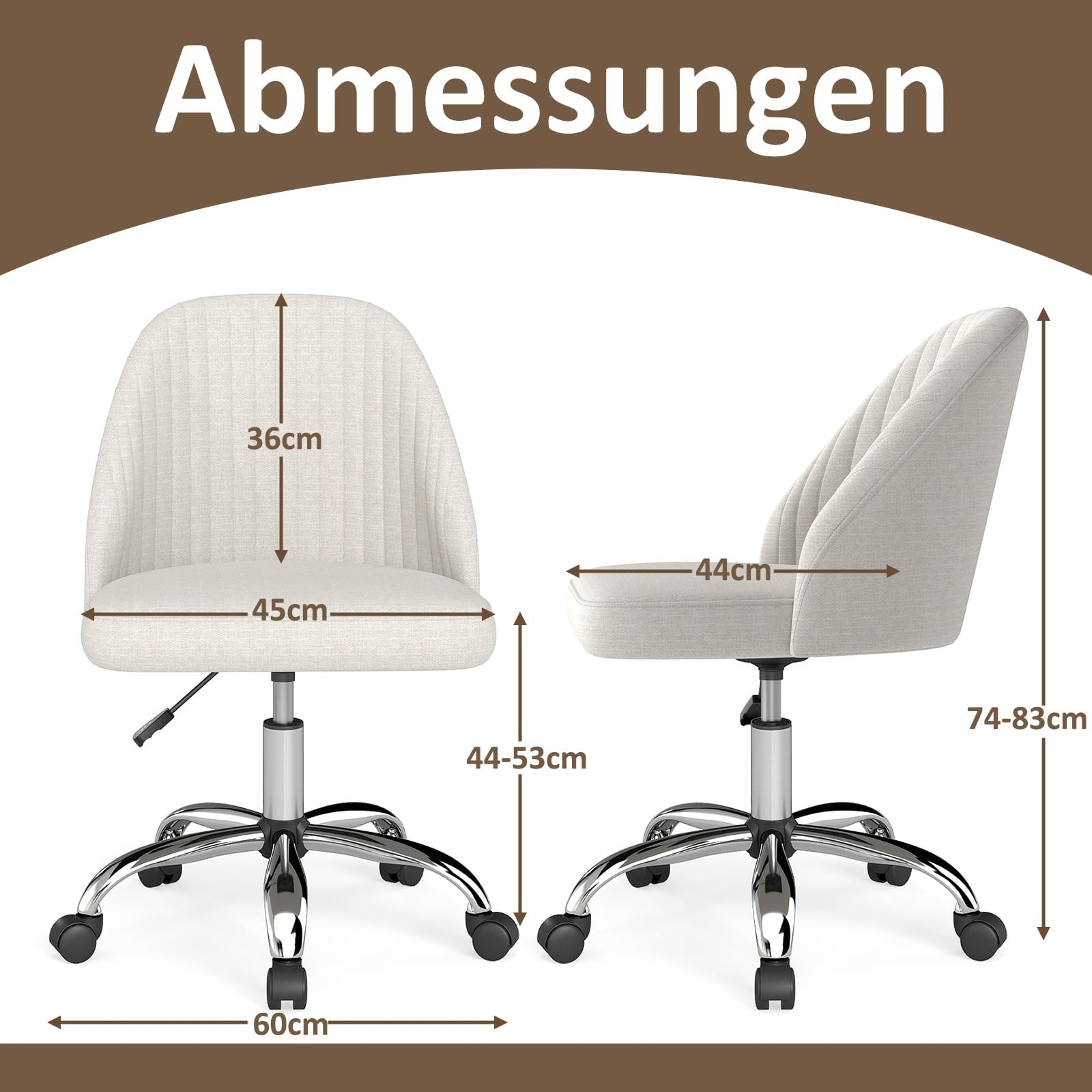 Twee weergaven van een lichtbeige bureaustoel met afmetingen.