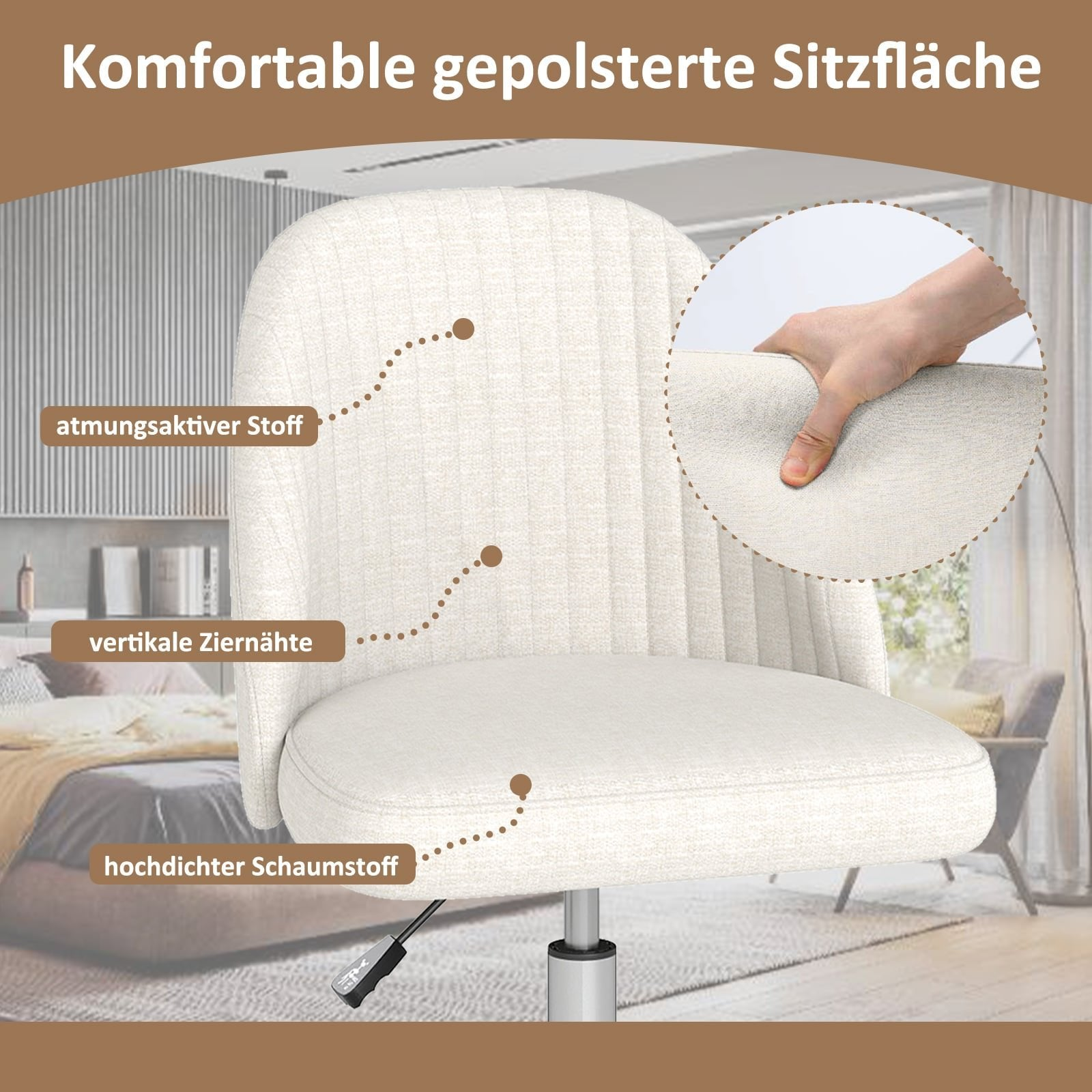 Beige bekleding met verticale stiksels en schuimkern.