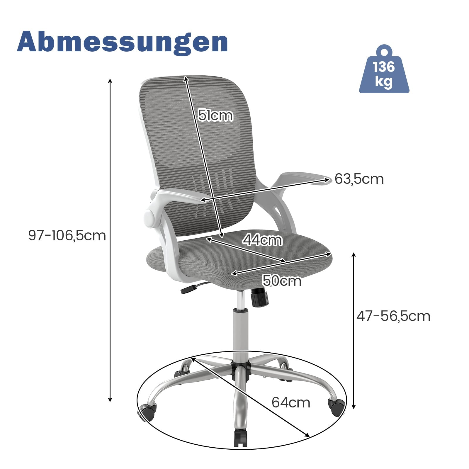 Grijze bureaustoel met afmetingen: Zithoogte 47-56,5cm, breedte 50cm, diepte 44cm.