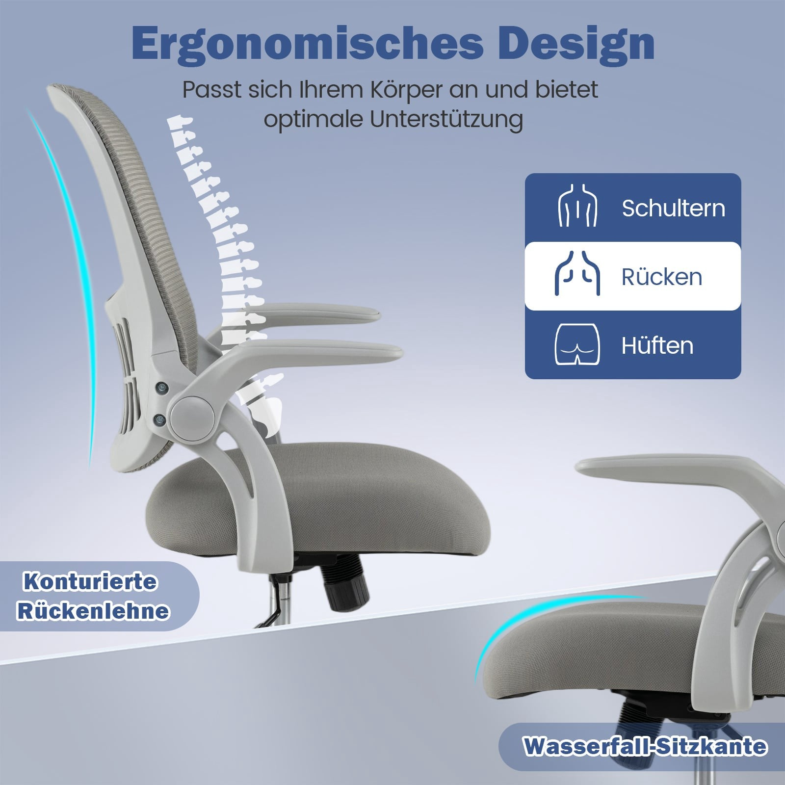 Grijze bureaustoel met ergonomisch ontwerp, benadrukt rugondersteuning en zitrand.