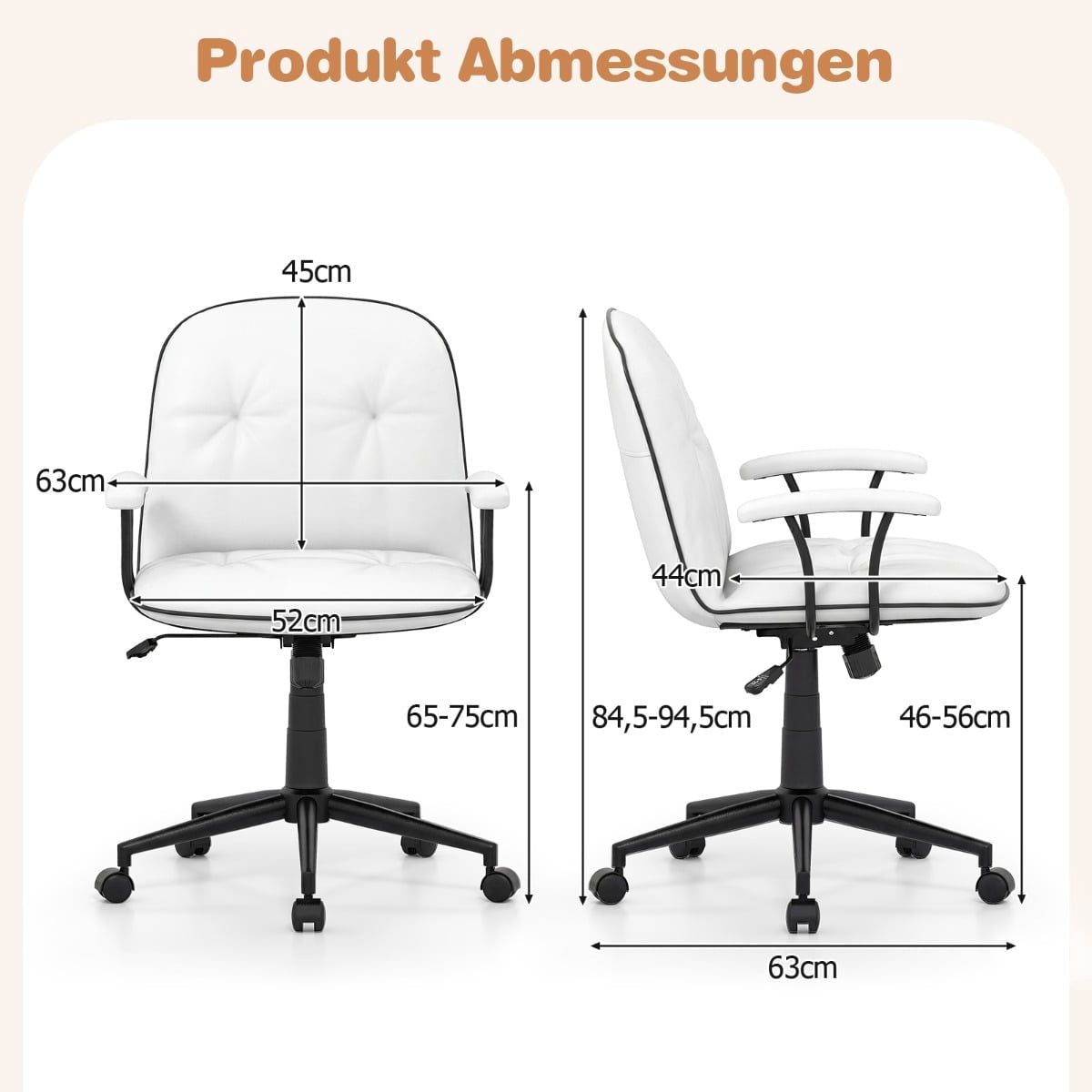 White office chairs with dimensions: width 52cm, height 63cm, depth 45cm.