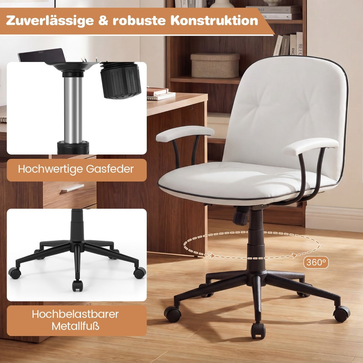 A white office chair with armrests and five wheels. Close-ups show gas spring and metal base.