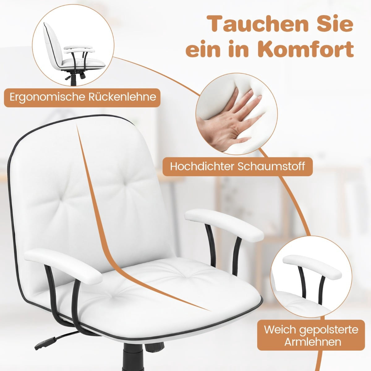 White office chair with padded armrests, ergonomic backrest, and foam cushioning.