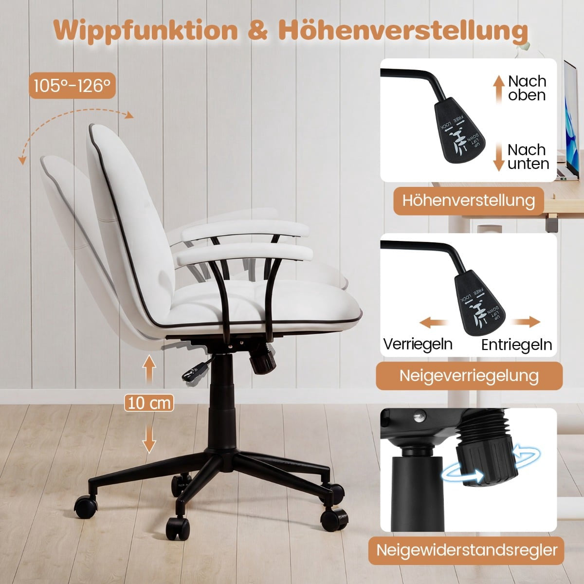 White office chair with height and tilt adjustment. Adjustment range 105-126°.