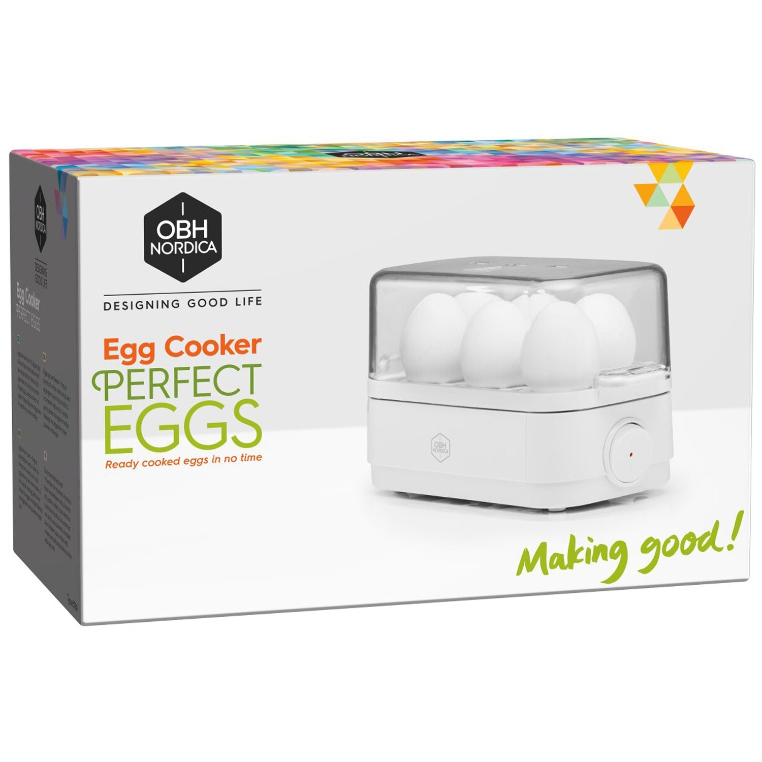 OBH Nordica egg cooker with four white eggs under a clear lid.