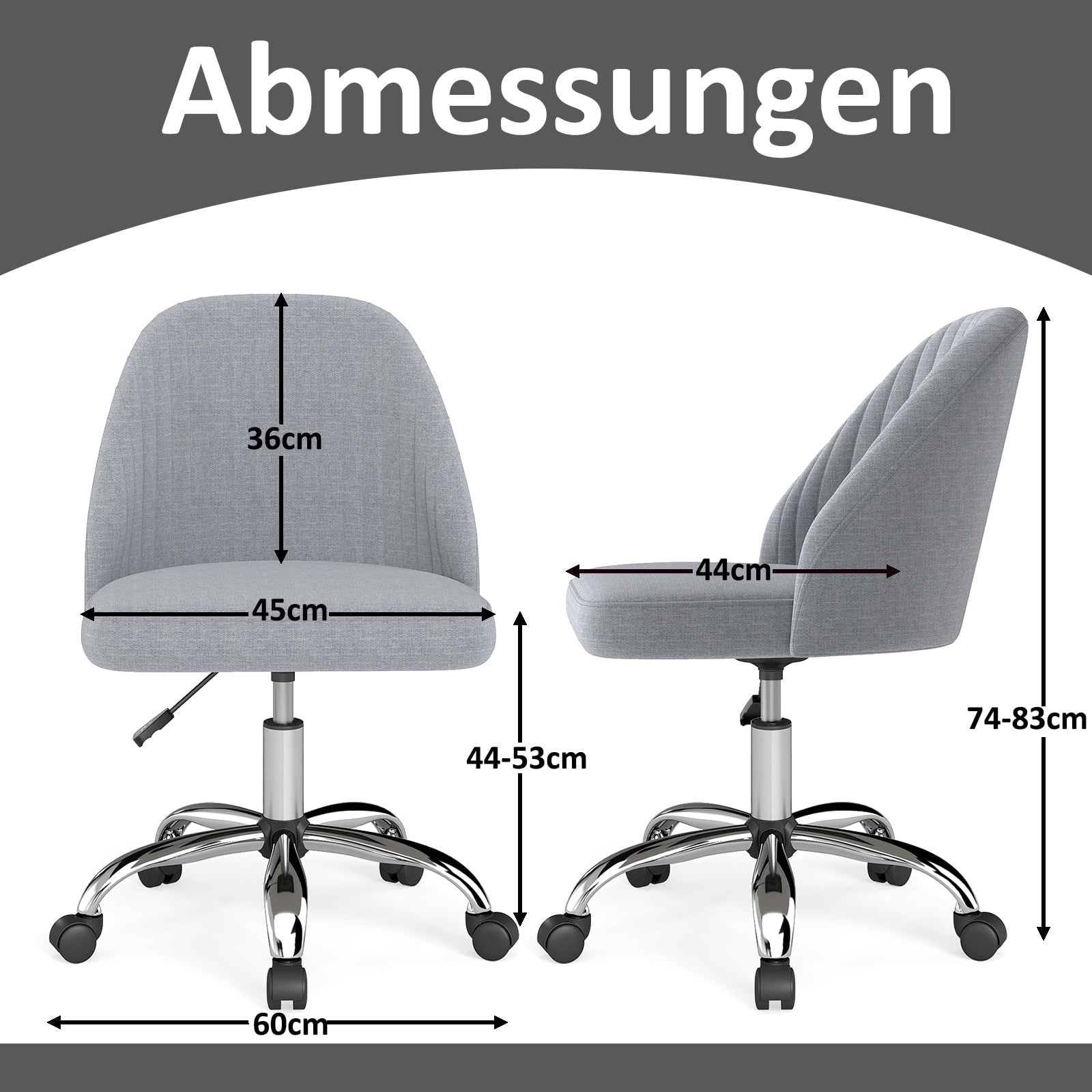 Gray office chair with dimensions: seat height 44-53cm, width 45cm, depth 44cm, total height 74-83cm.