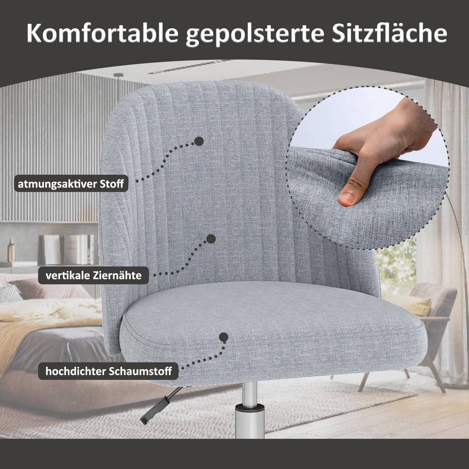 Gray fabric chair with ribbed texture and foam padding in a bedroom.