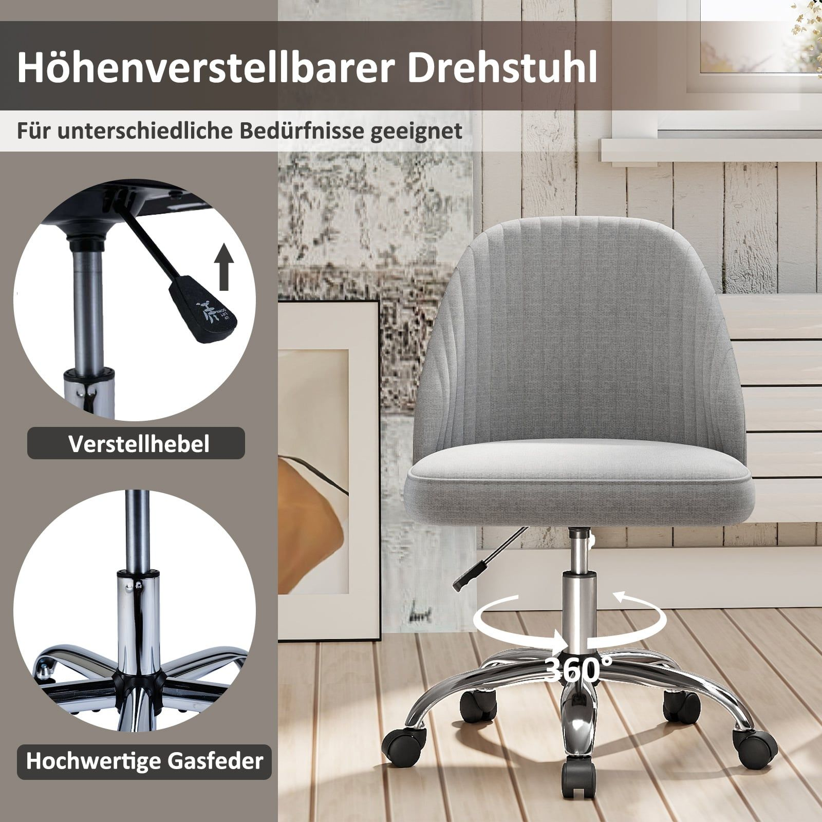 Gray office chair with height adjustment and 360-degree rotation on wooden floor.