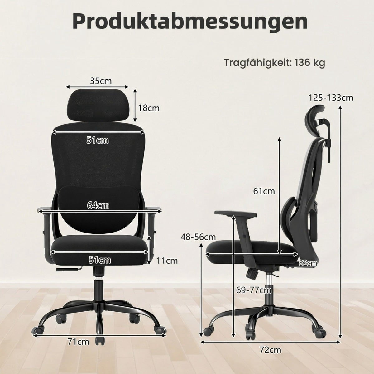 Two views of a black office chair with dimensions and a weight capacity of 136 kg.