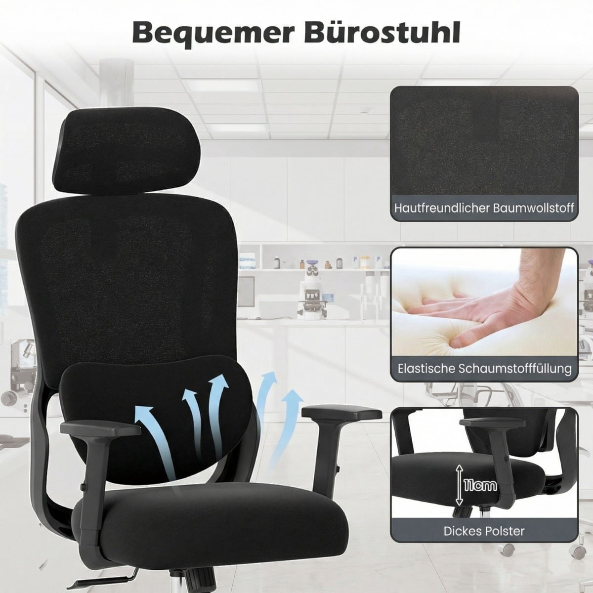 Black ergonomic office chair with headrest and lumbar support, showing ventilation icons.