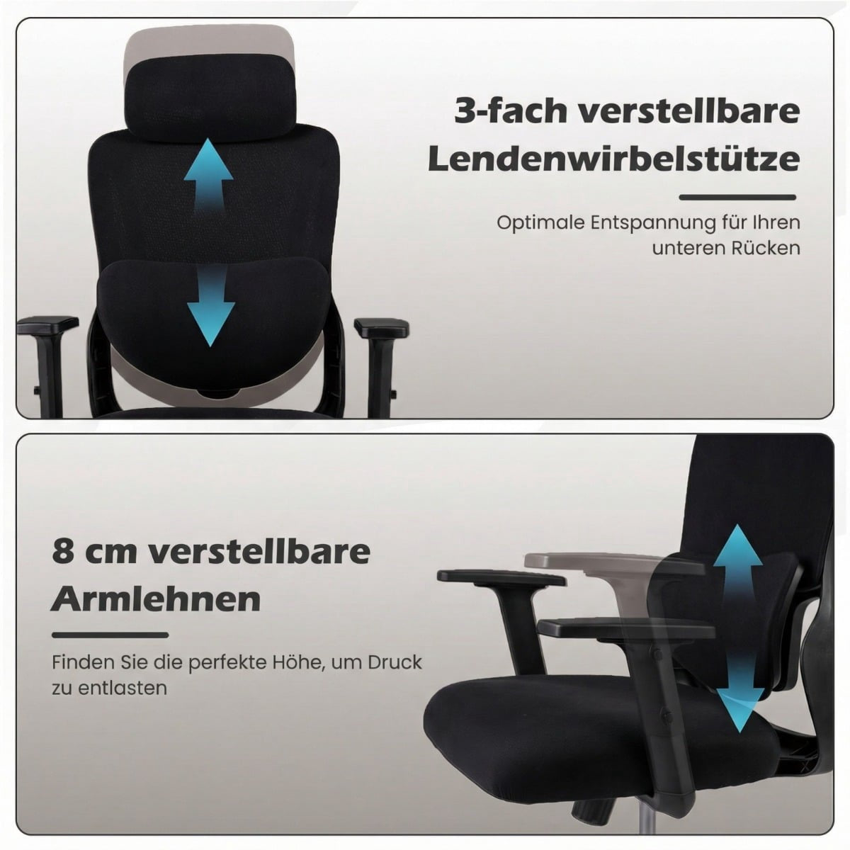 Office chair with adjustable lumbar support and armrests.