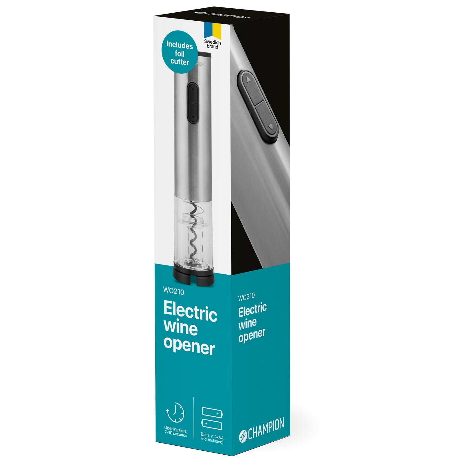 Verpakking elektrische wijnopener met foliesnijder. Zilveren opener, turquoise doos.