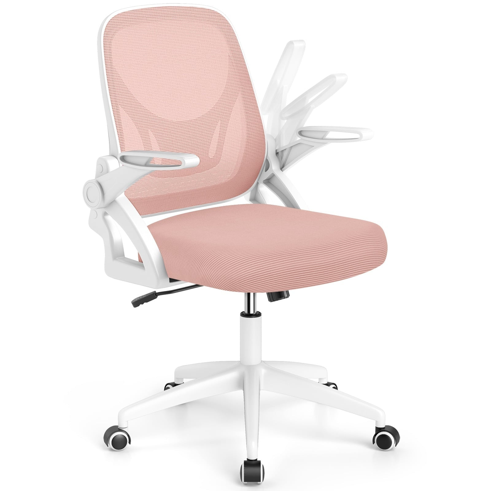 Roze bureaustoel met witte mesh rugleuning en verstelbare armleuningen.