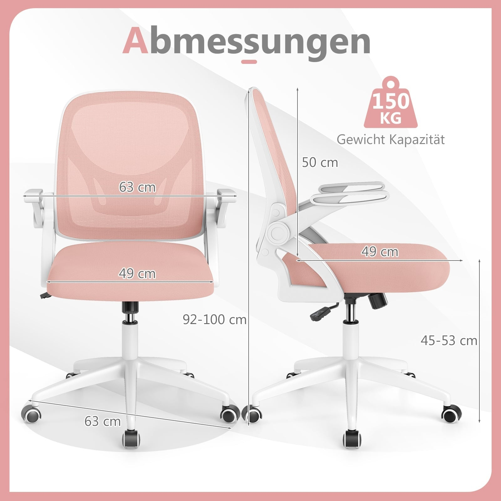 Gedetailleerde weergave van een roze bureaustoel met afmetingen en gewichtscapaciteit.