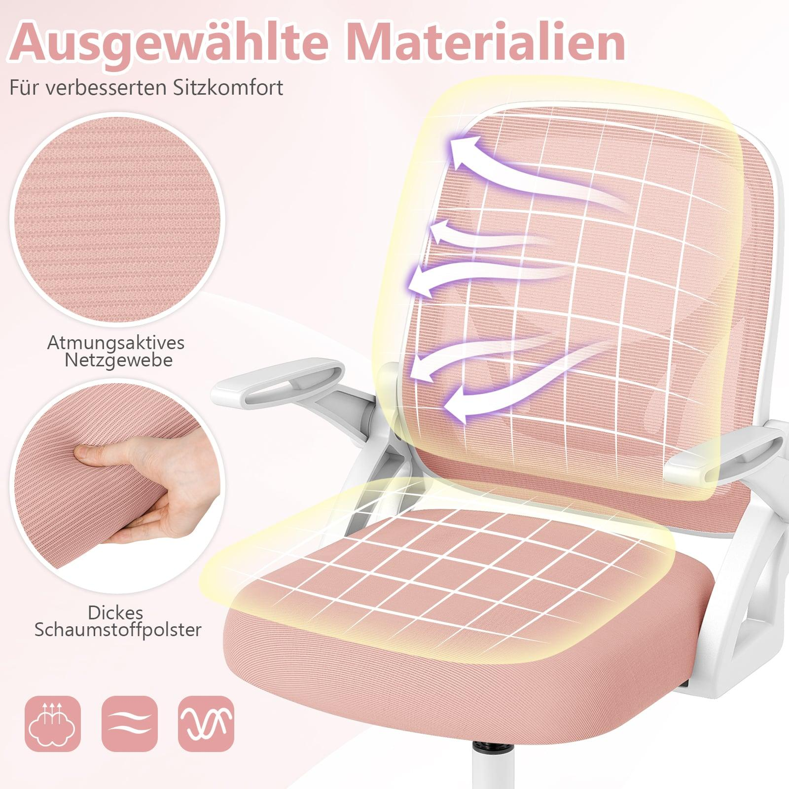 Een roze bureaustoel met ademend mesh en schuimvulling.