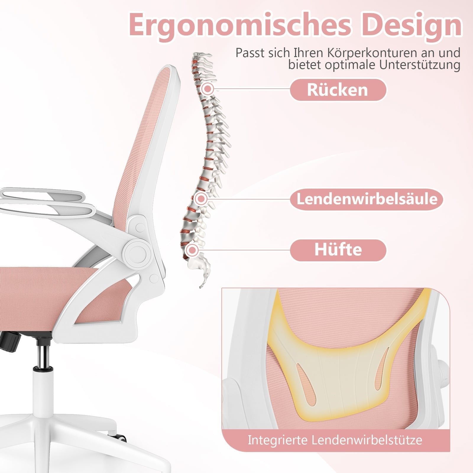 Ergonomische stoel met lendensteun, past zich aan het lichaam aan.