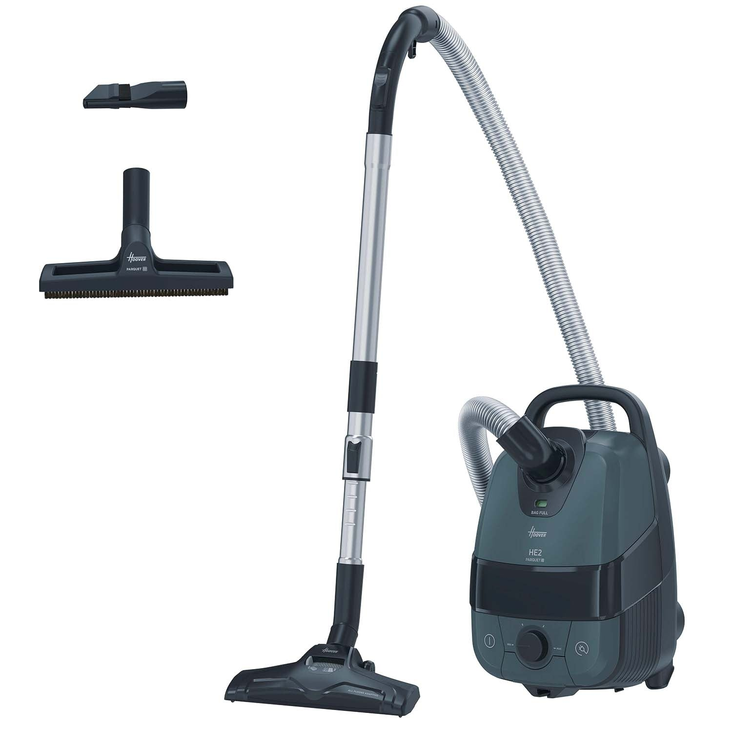Een donkergroene Hoover HE2 stofzuiger met accessoires.