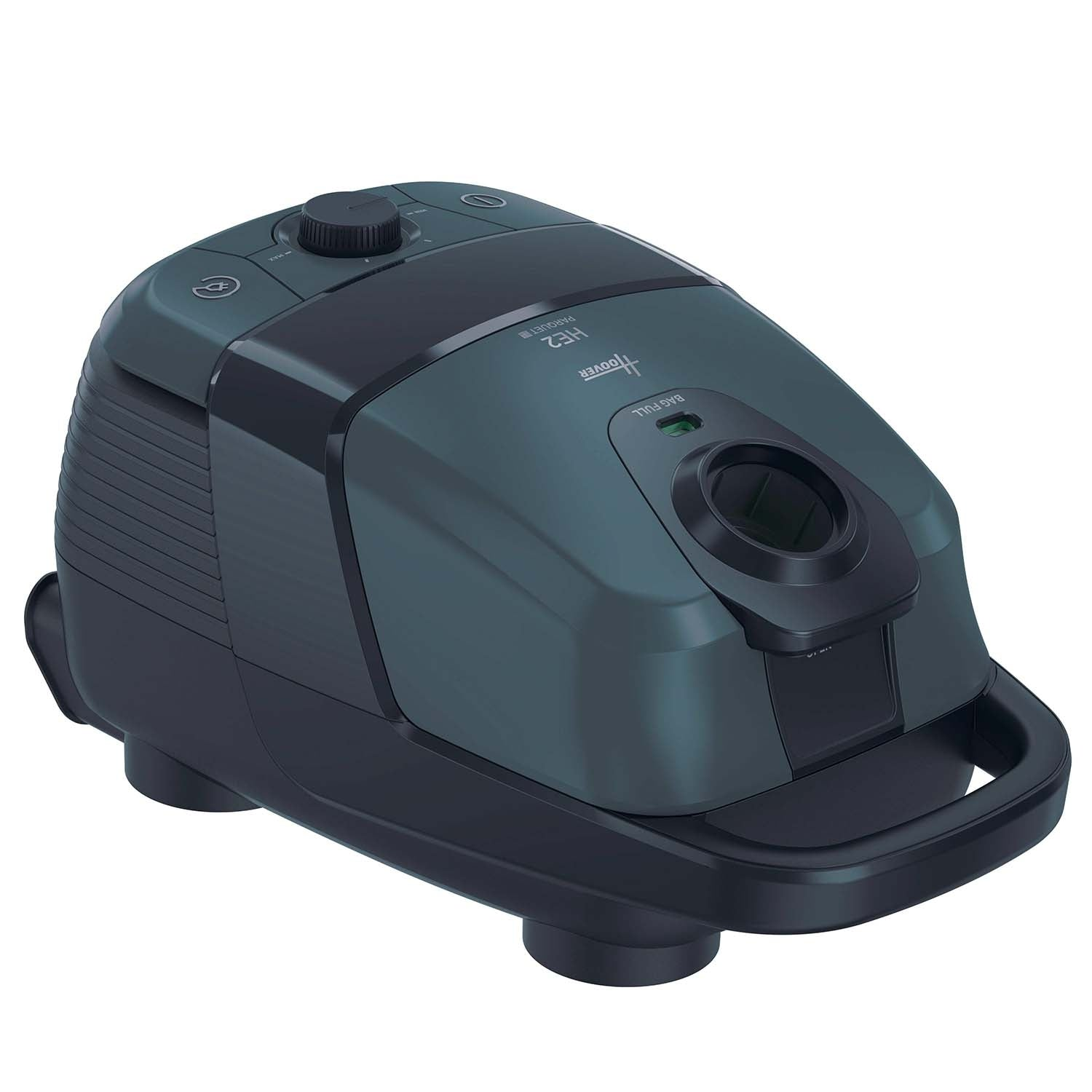 Een donkergroenblauwe en zwarte Hoover HE2 stofzuiger wordt getoond tegen witte achtergrond.