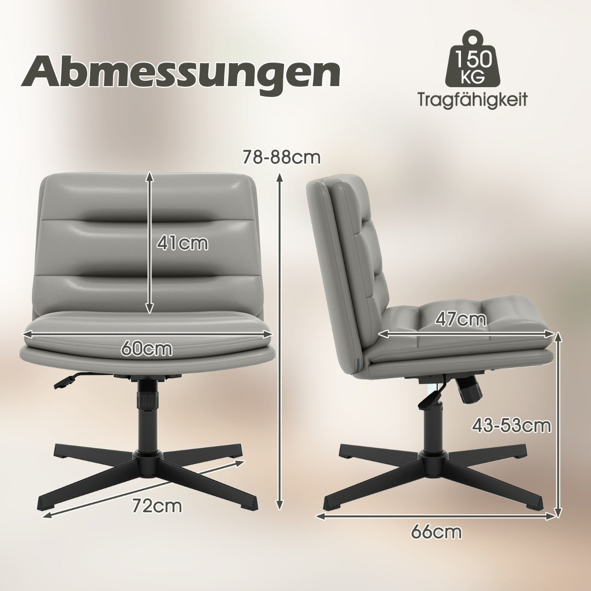 Gray office chair with dimensions: 78-88cm height, 60cm width, 41cm seat depth.