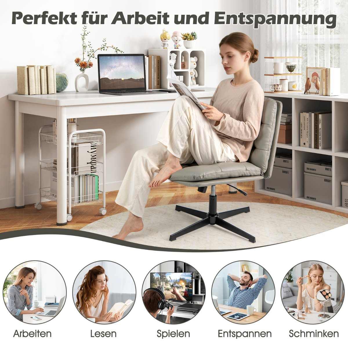 Woman reading in a stylish office. Below are 5 scenes: Work, Read, Play, Relax, Makeup.
