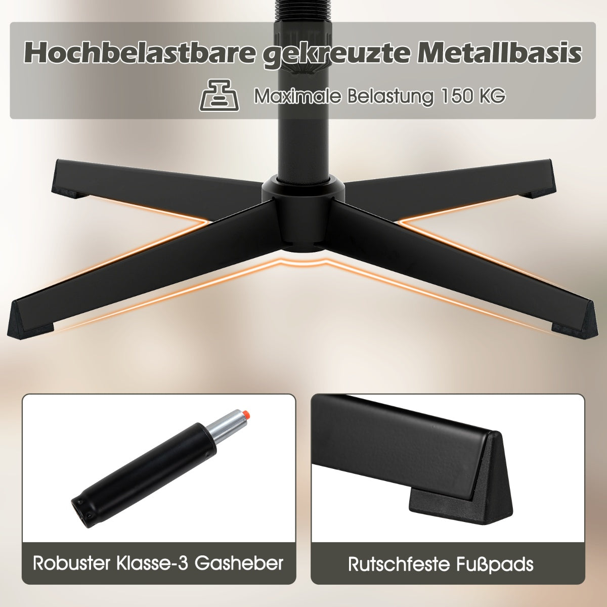 Black metal five-star base with gas lift and non-slip footpads.