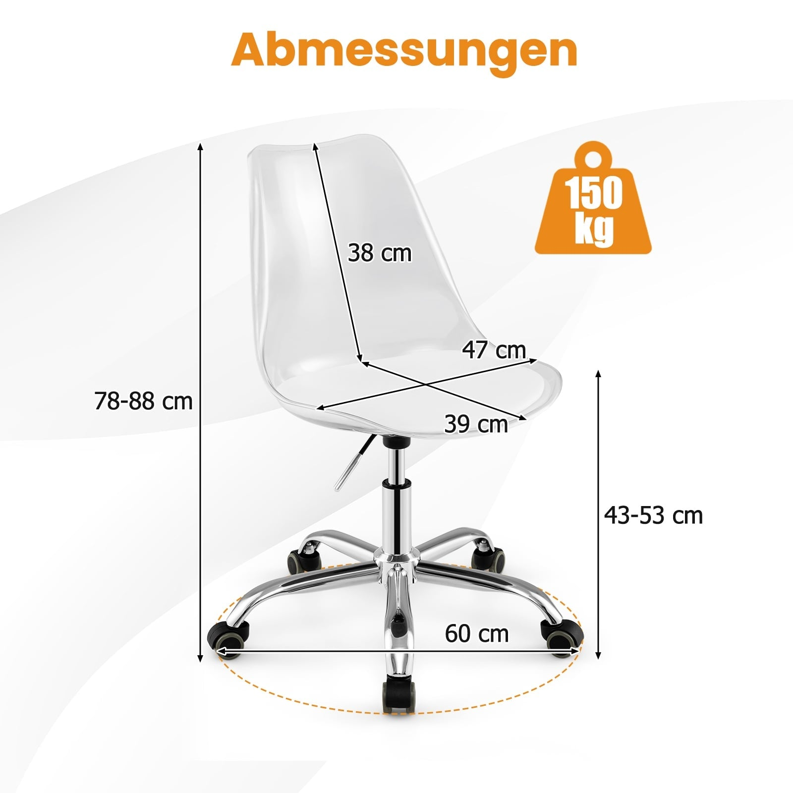 A transparent chair with dimensions: 38cm, 47cm, 39cm, 78-88cm, 43-53cm, 60cm.