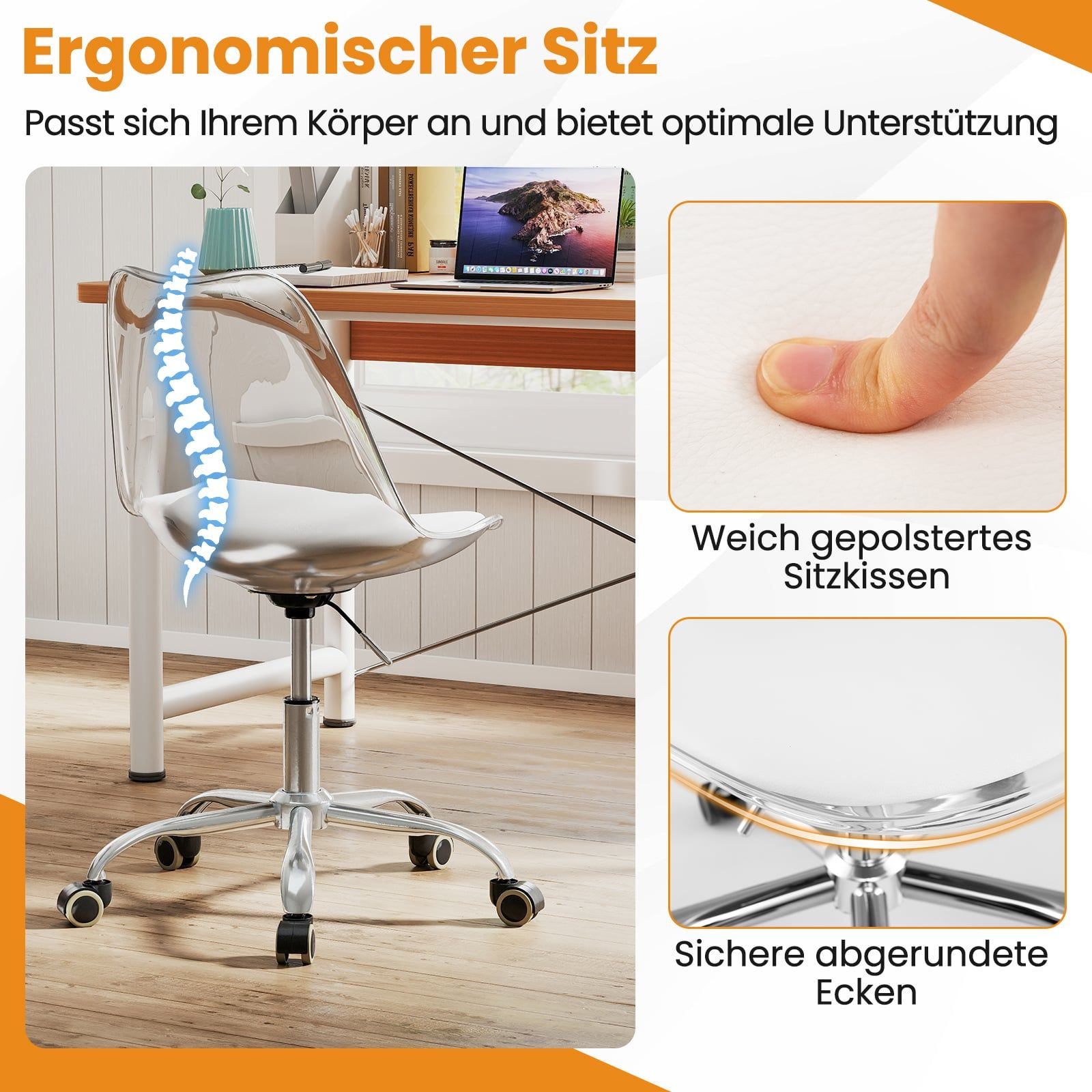 Ergonomic chair with clear design, cushion, and wheels.