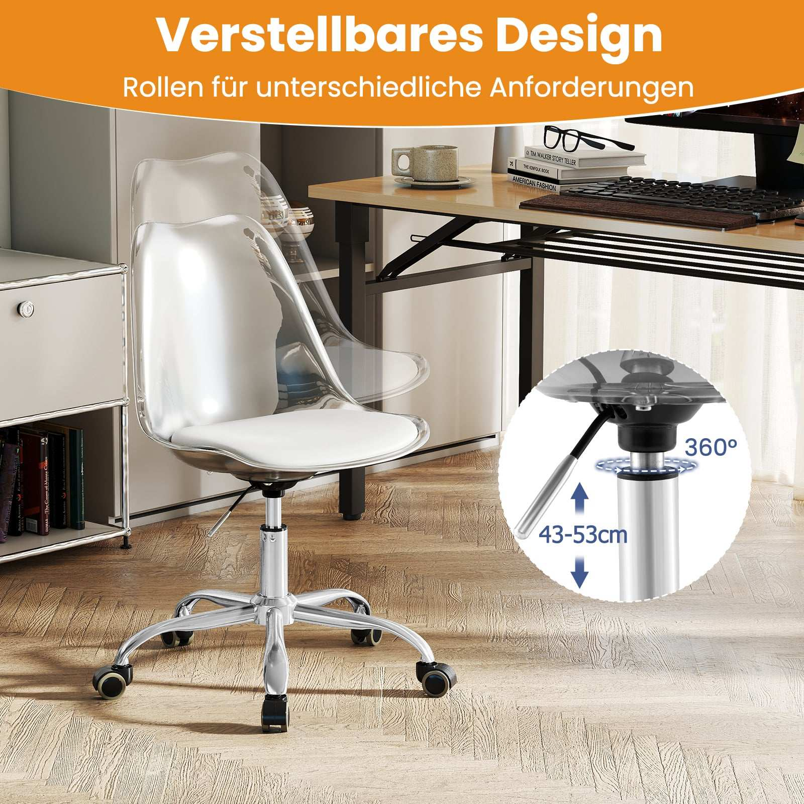 A clear office chair with a white seat on wheels, adjustable from 43-53cm.