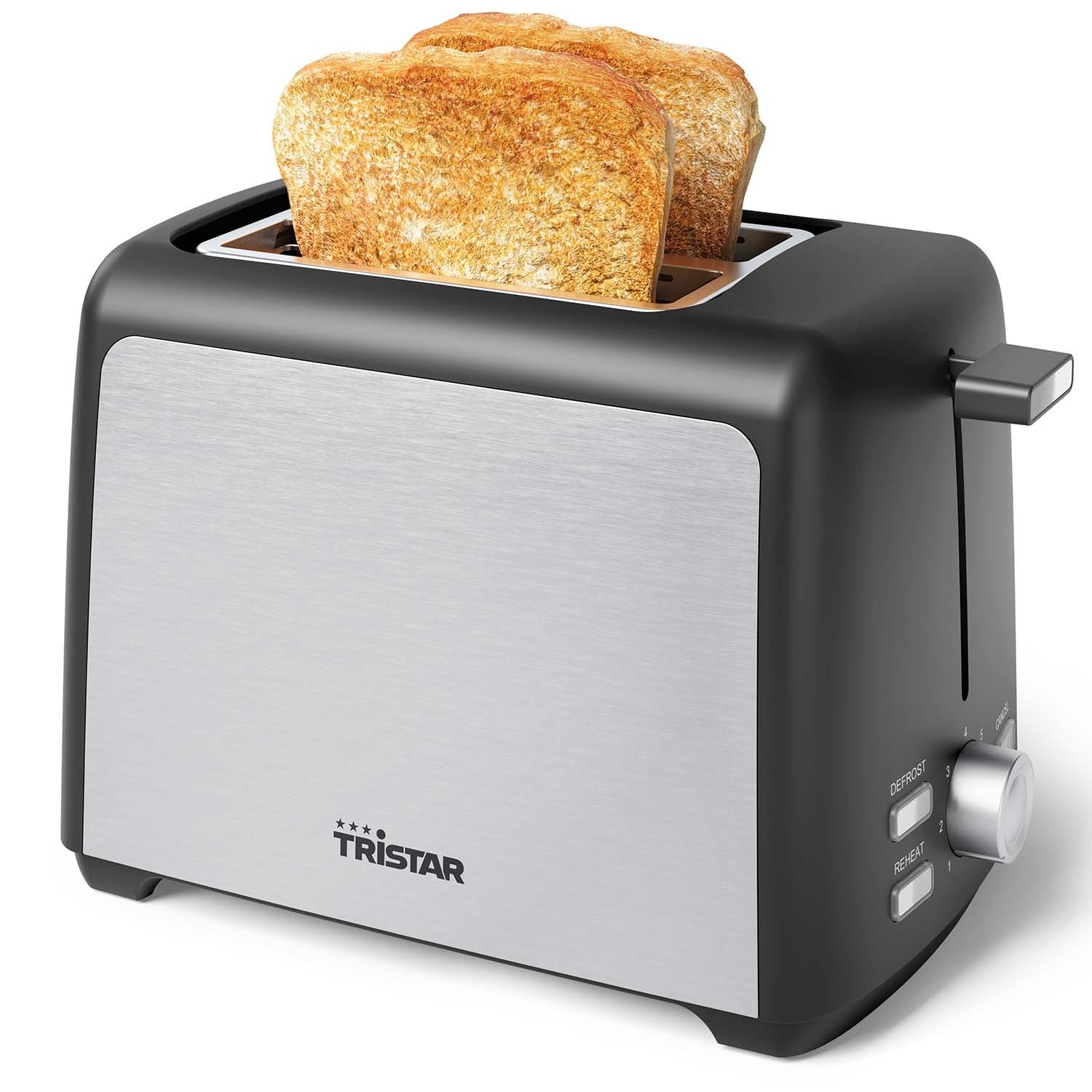 Een zilveren en zwarte broodrooster met twee gouden toastplakken.