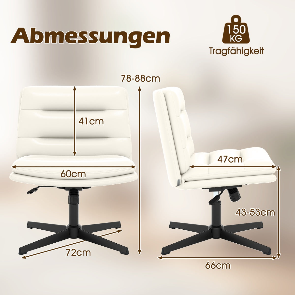 Afmetingen van een witte bureaustoel met maten: 78-88cm hoogte, 41cm rugleuning, 60cm zitbreedte.