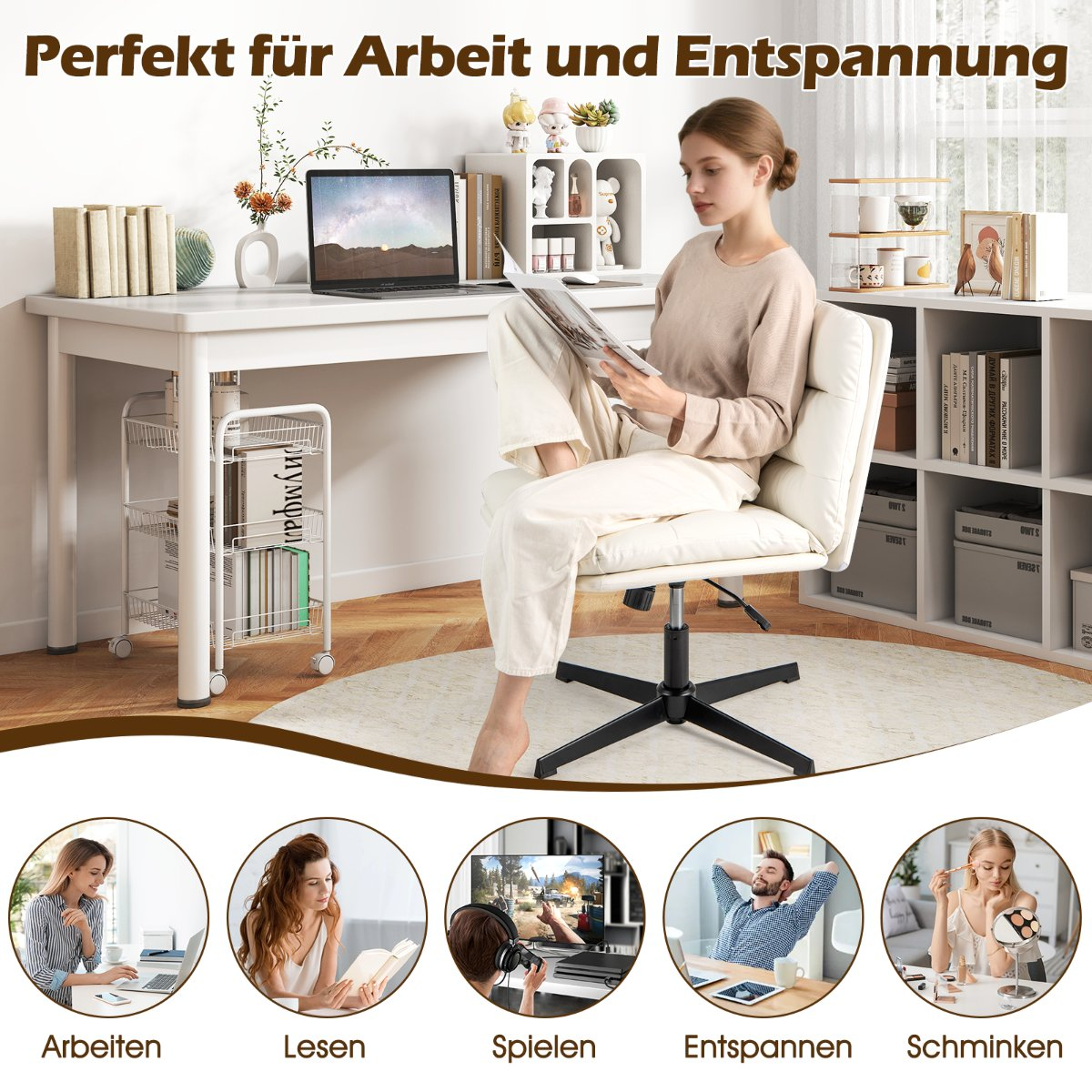 Vrouw leest boek aan bureau met laptop. Onder: Werken, Lezen, Spelen, Ontspannen, Schminken.