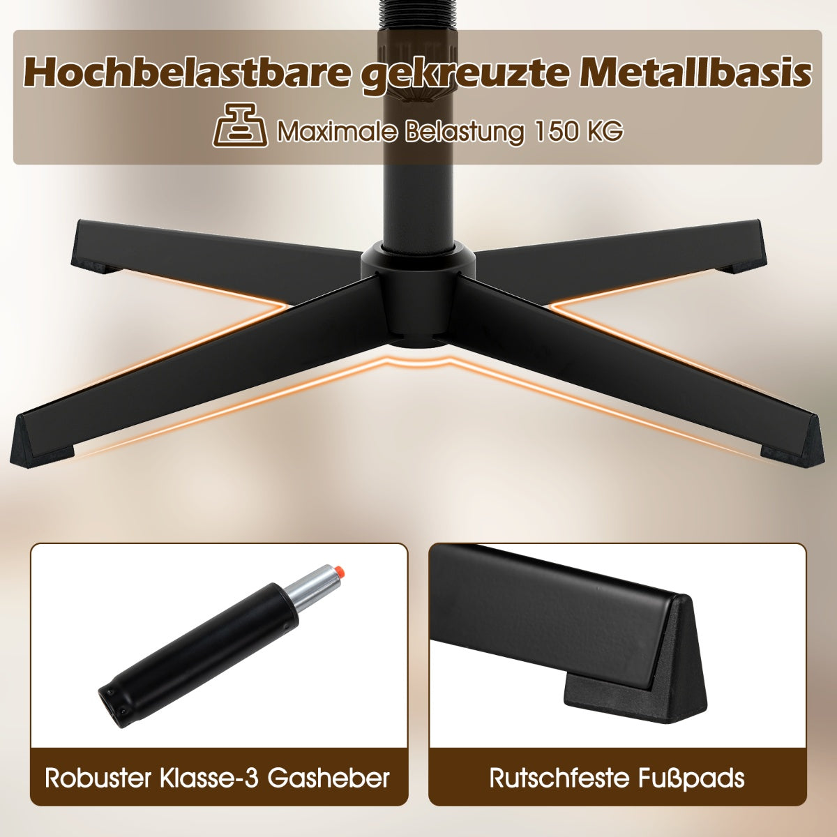 Zwarte gekruiste metalen voet met oranje accenten, gaslift, antislipvoetjes.