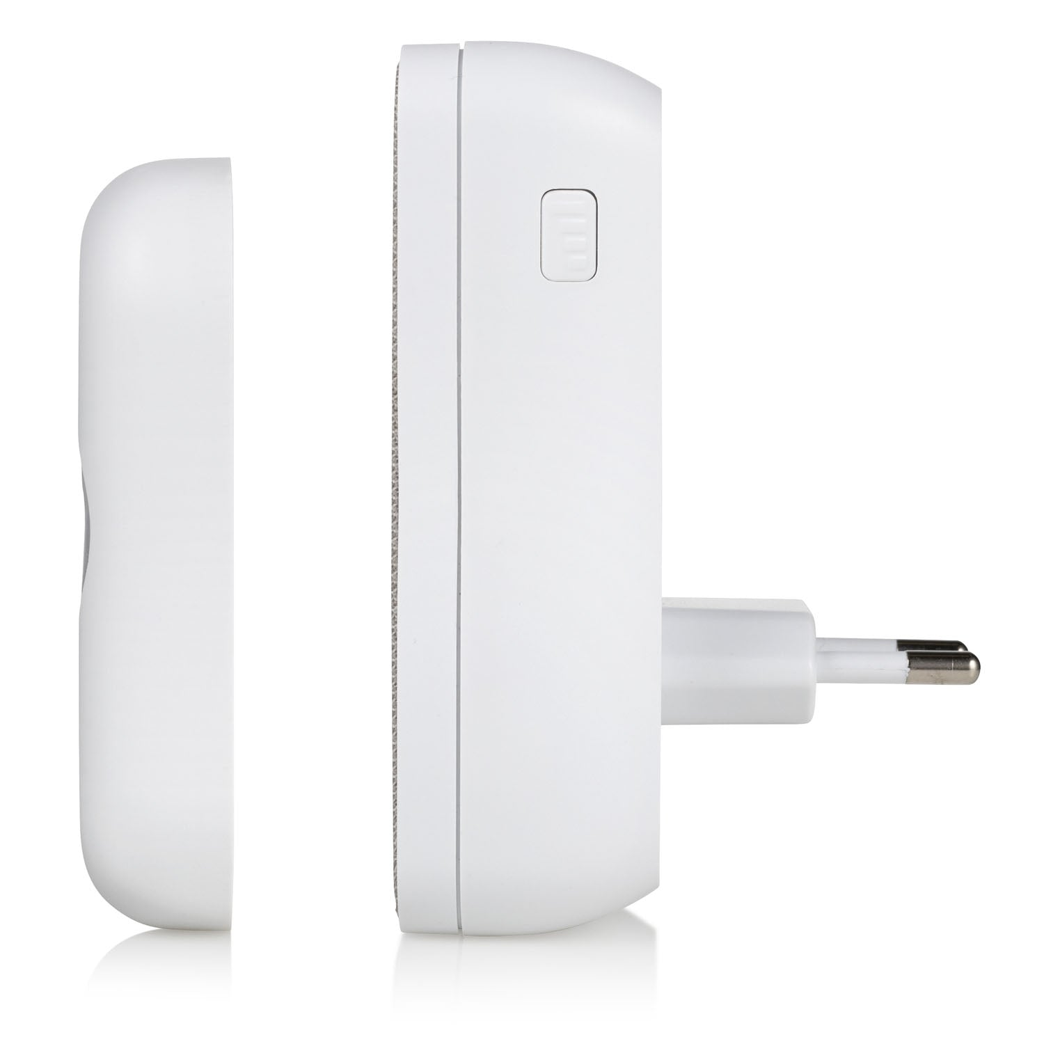 Twee witte elektronische apparaten, één met stekker, de ander ernaast.