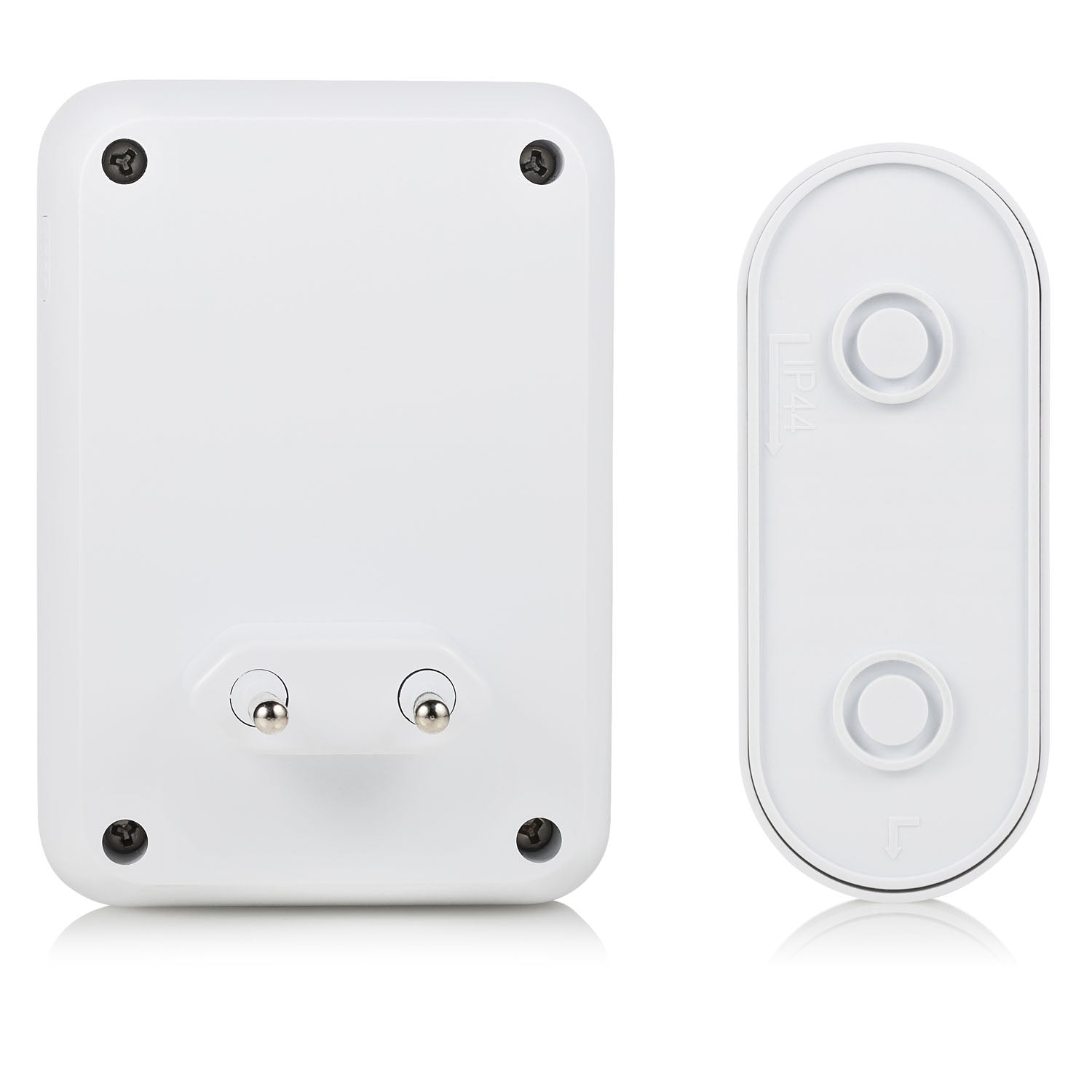 Twee witte elektronische apparaten naast elkaar; één met stekkers, de ander met IP44-symbool.