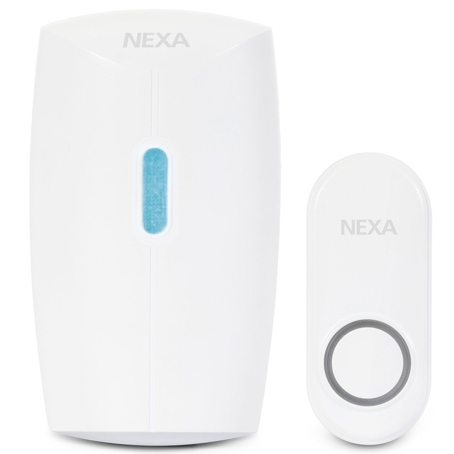 Een witte NEXA draadloze deurbel en een bijpassende drukknop.