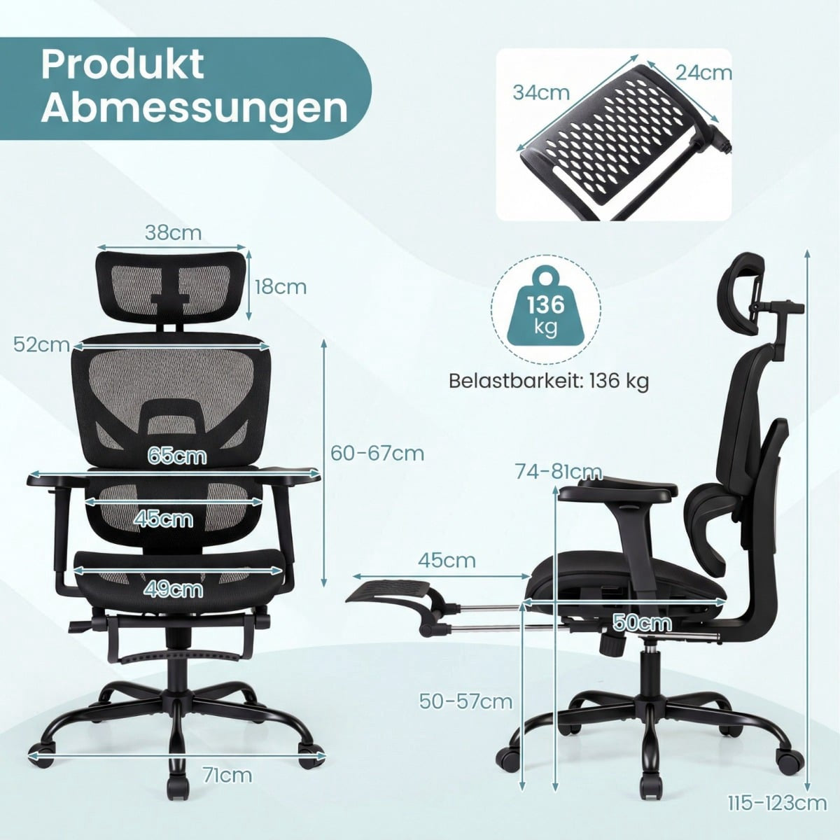 Product dimensions of a black office chair with measurements and load capacity.