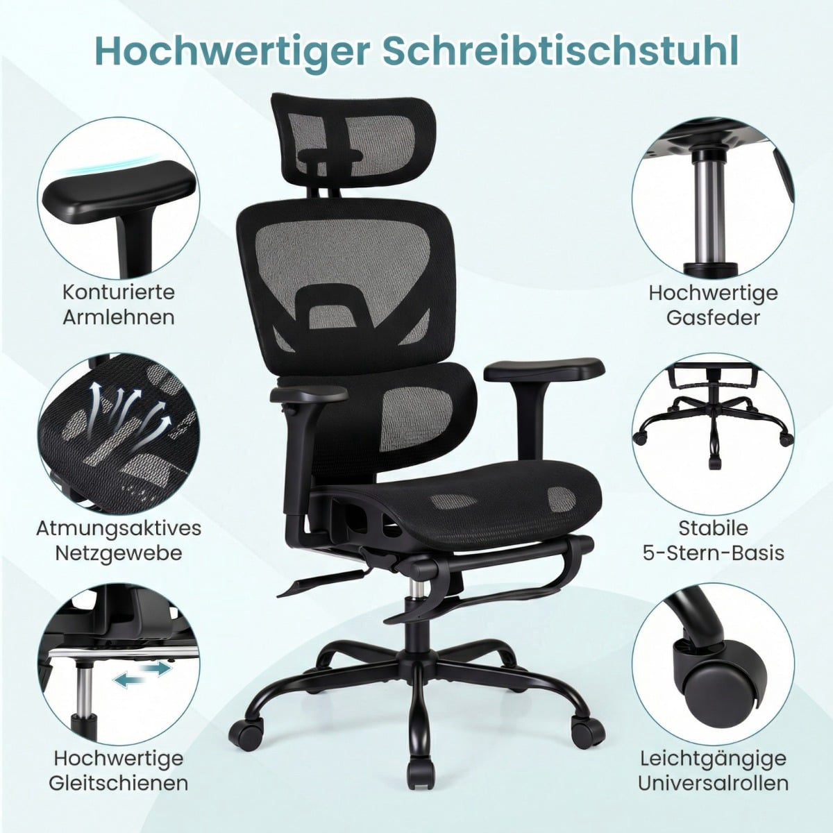 A black office chair with mesh back, adjustable armrests, and a star base.