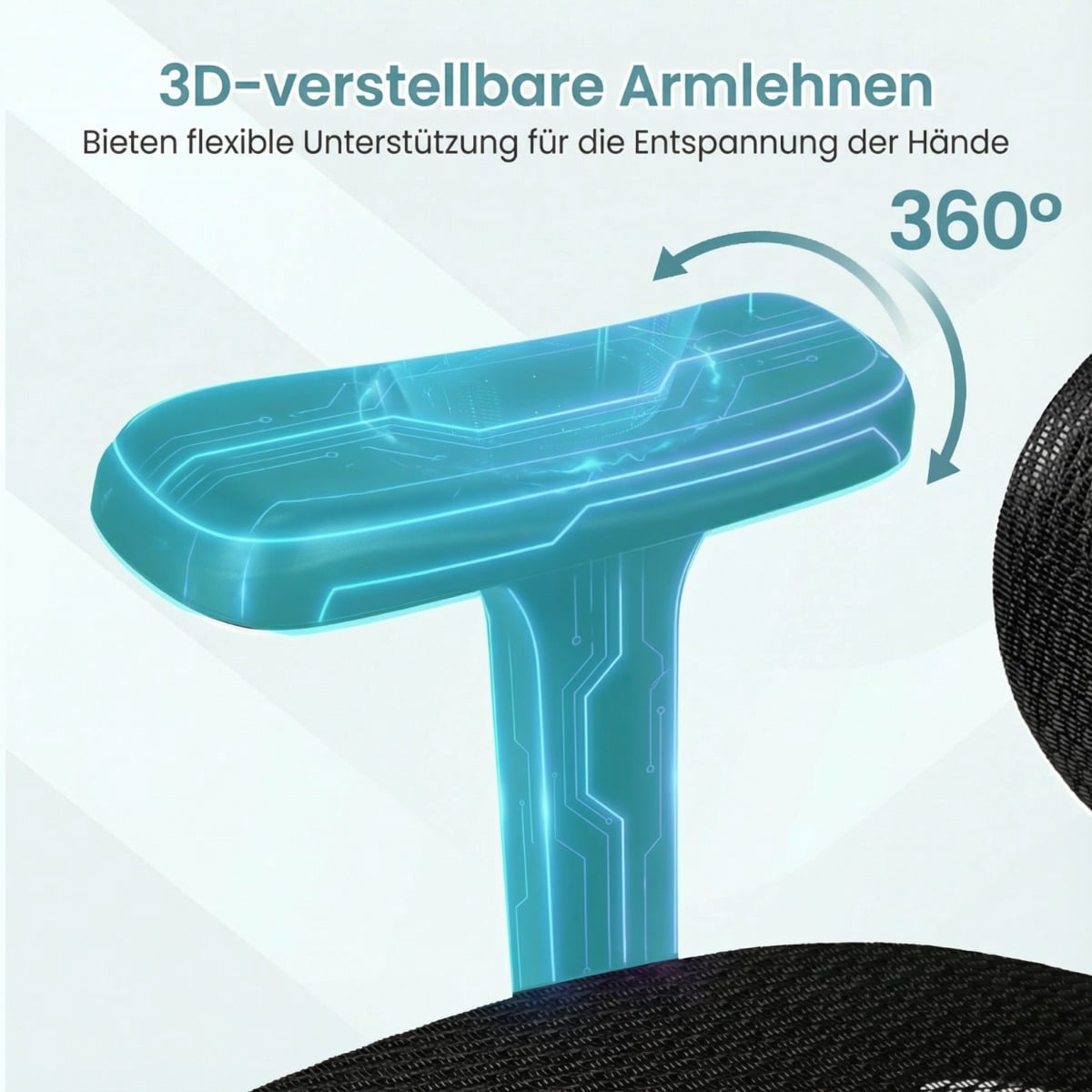 A blue 3D adjustable armrest detail of a chair, showing 360-degree rotation.