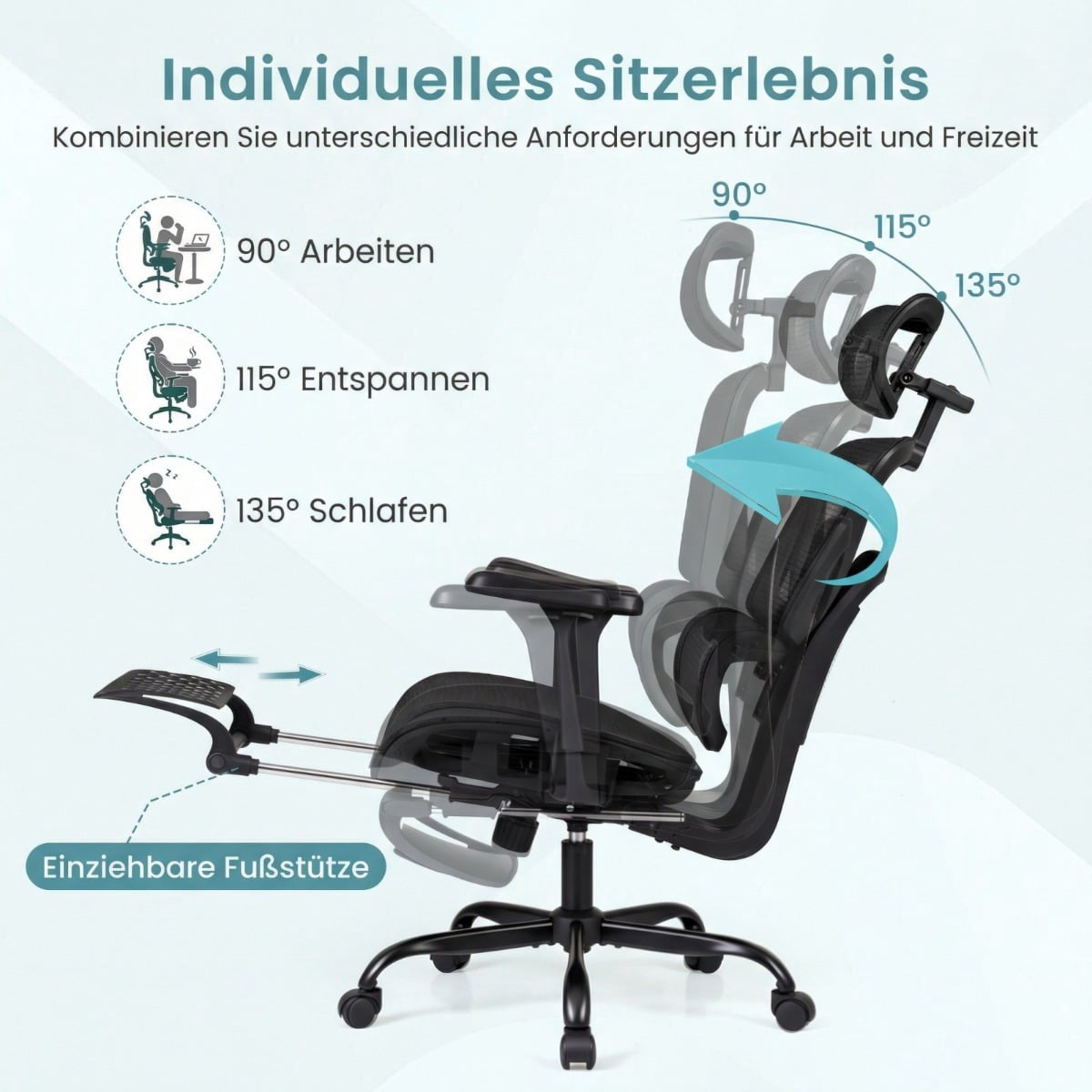 Black office chair with pull-out footrest in 3 positions: 90°, 115°, 135°.